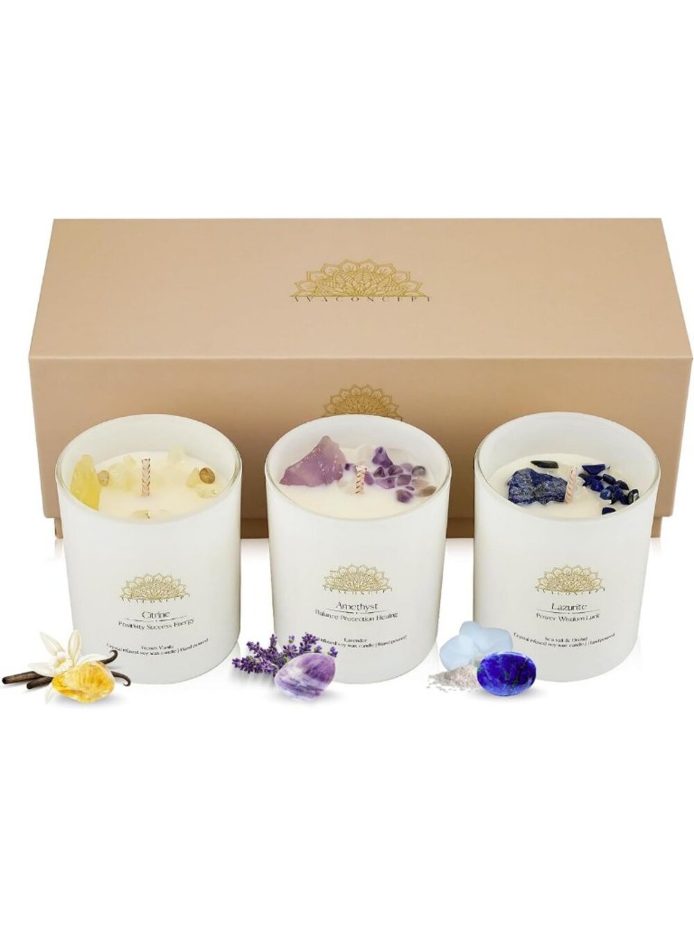Healing Crystal Candle Gift Set - 3 Pack Citrine, Amethyst & More - Perfect
